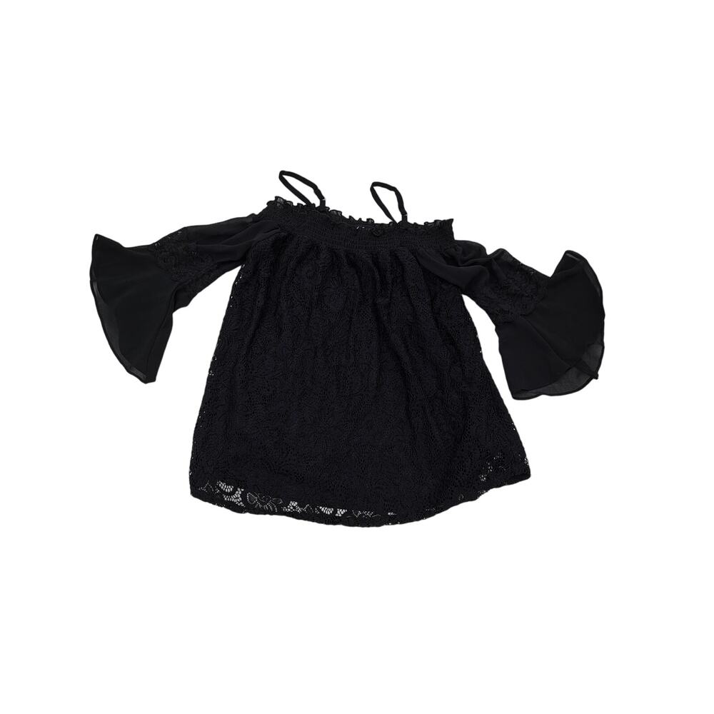 A. Byers Black Lace & Sheer Bell Sleeves Lined Smocked Blouse Boho, Y2K Large